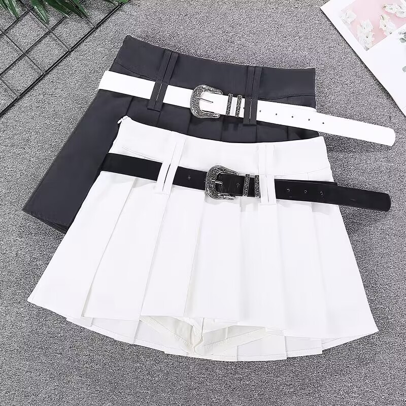 Falda mini plisada para mujer con cinturón estilo sexy y moda_voghion.com