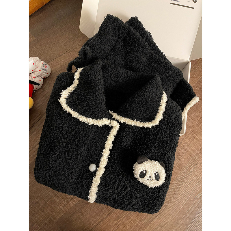 韩版黑色熊猫半边绒睡衣女秋冬加绒加厚针织套装可出门保暖家居服|undefined