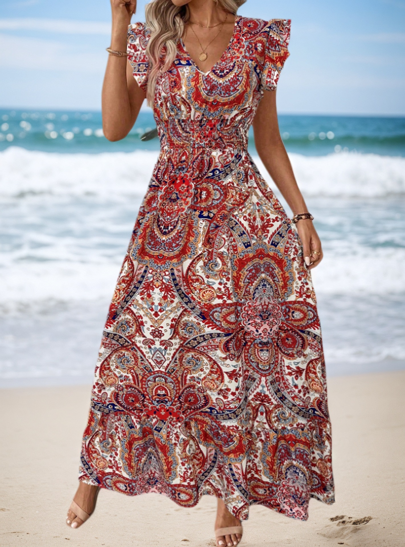 European And American Summer Bohemian Beach Vacation Style Printed Women's Cross-Border Waist-Cinching Long Dress_ecoleips.com