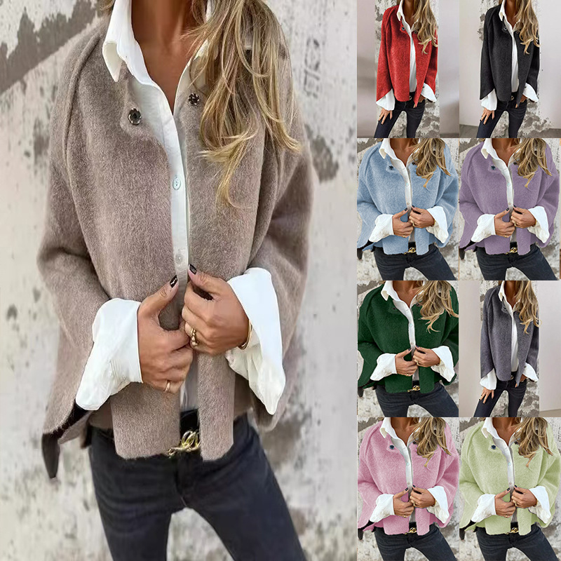 2025 クロスボーダーヨーロッパとアメリカの服ルーズショートカシミヤ生地バットスリーブ女性の無地ボタン長袖ジャケット女性のための|undefined