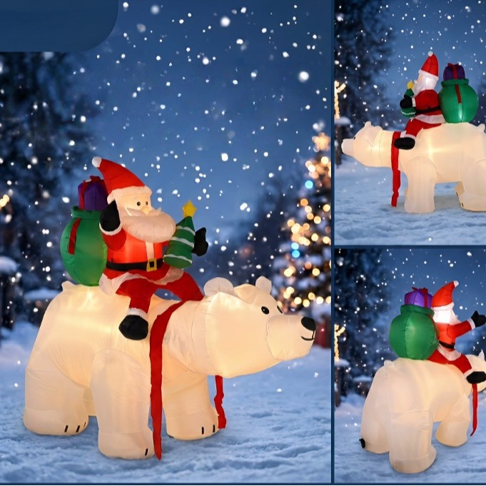 Santa Claus inflable de 2.1 metros montado en un oso polar con luces LED, modelo inflable para decoración de jardín exterior.