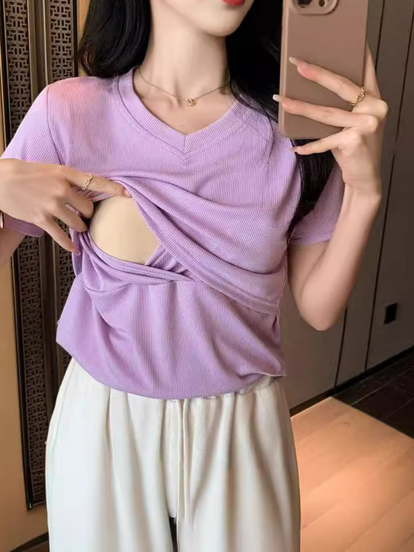 High Stretch Summer Breastfeeding Top Pregnant Women's V-Neck Short-Sleeved Solid Color T-Shirt Postpartum Hot Mom's Out-of-the-Month Breastfeeding Dress