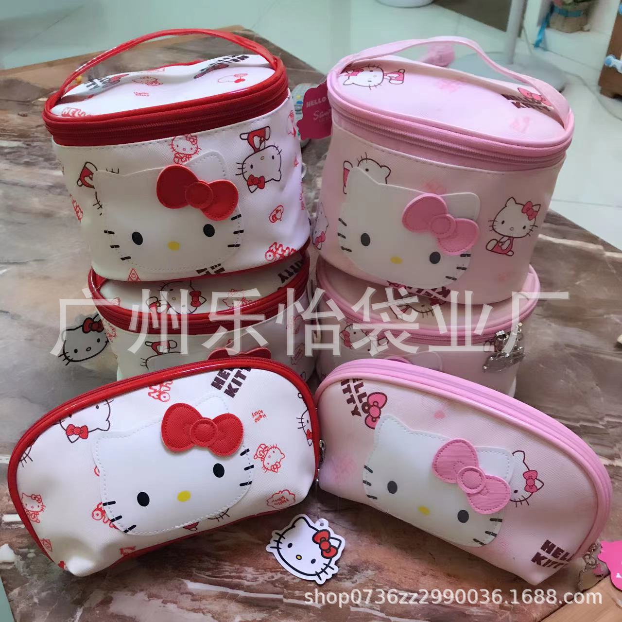 Linda bolsa de cosméticos de almacenamiento de barril de cuero PU con cara de gato en forma de dibujos animados para damas con lazo lindo