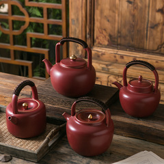 Xiangrun Tang Ceramic Kettle, Soda-Glazed Red-Enameled Teapot with Loop Handle, Japanese-Style Tea Brewer, Charcoal-Fired Pot, Open-Flame Clay Teapot