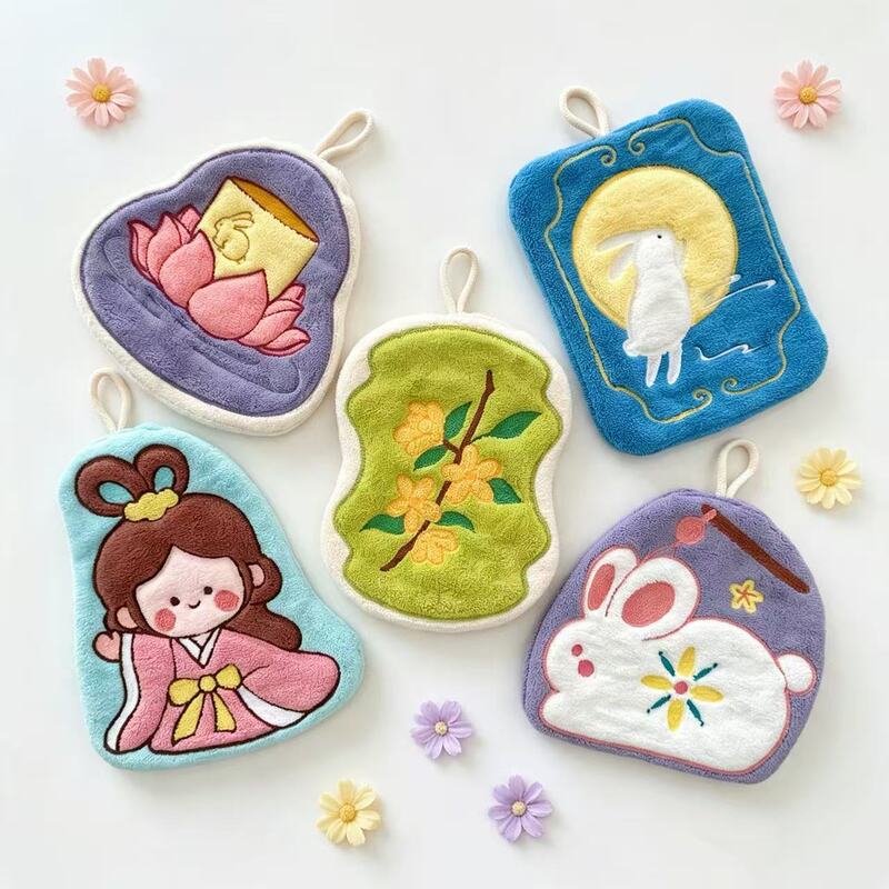 Mid-Autumn Festival Chang'e Series Kitchen Hanging Hand Towel Cute Rabbit Cleaning Cloth Absorbent Quick-Dry Thick Coral Fleece Soft