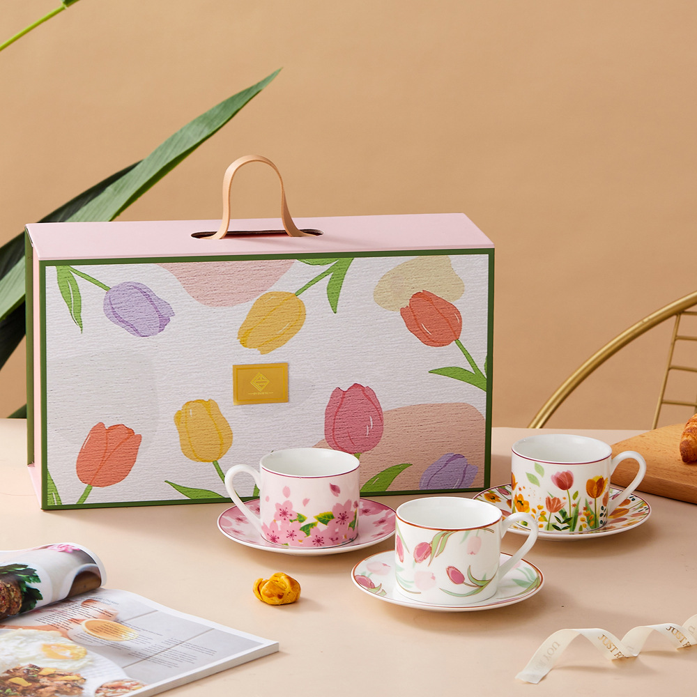 復古手繪風鬱金香櫻花牛奶咖啡陶瓷杯馬克杯可愛茶杯女牛奶水杯