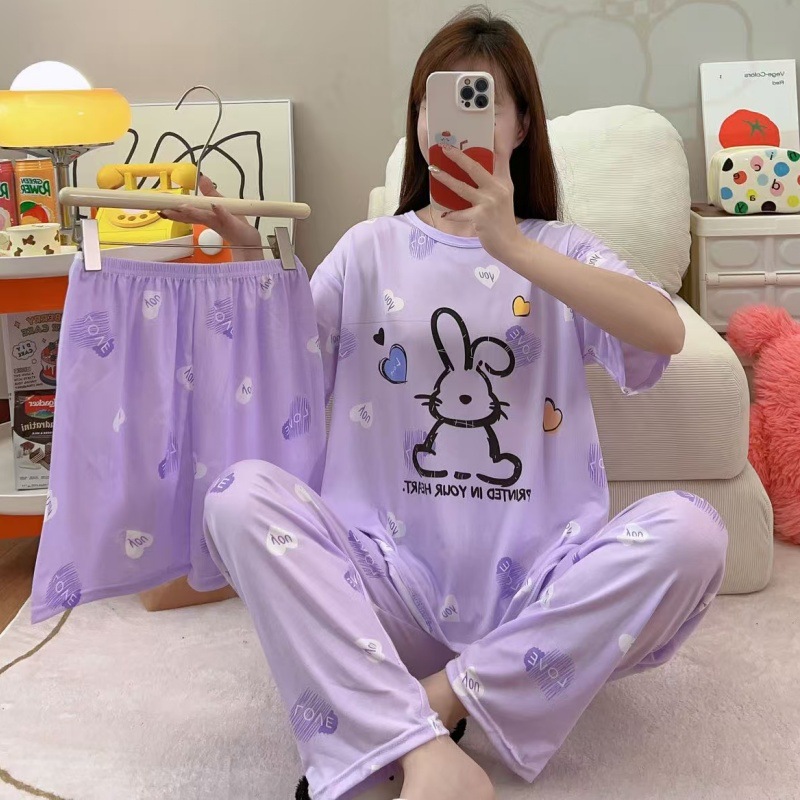 Pijamas de verano transfronterizos pijamas de leche de seda de tres piezas set de dibujos animados comercio exterior ropa para el hogar pantalones de mangas cortas lindos