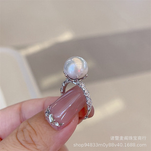 Edison Pearl Ring 10-11mm Classic Six Claw Round Light S925 Silver Opening Adjustable Jewelry for Women