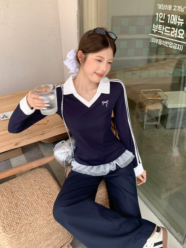 polo翻领条纹撞色长袖T恤女装早秋穿搭条纹杠内搭打底衫修身上衣|undefined