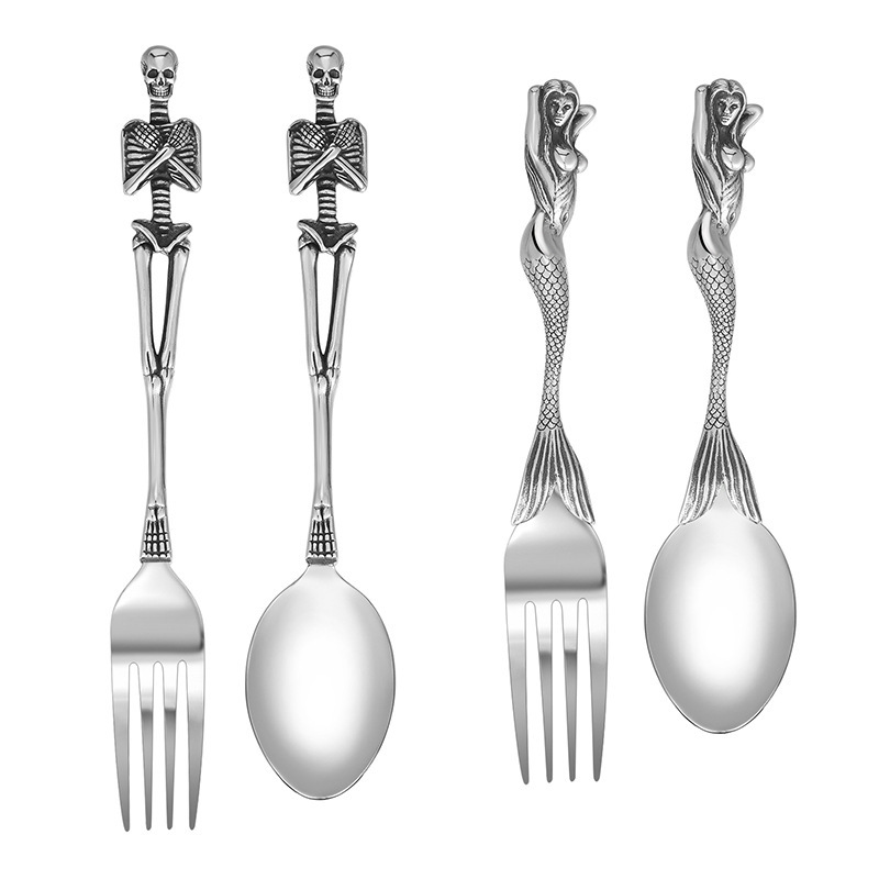 New Amazon cross-border European and American personality retro titanium steel stainless steel skull mermaid fork spoon cutlery set