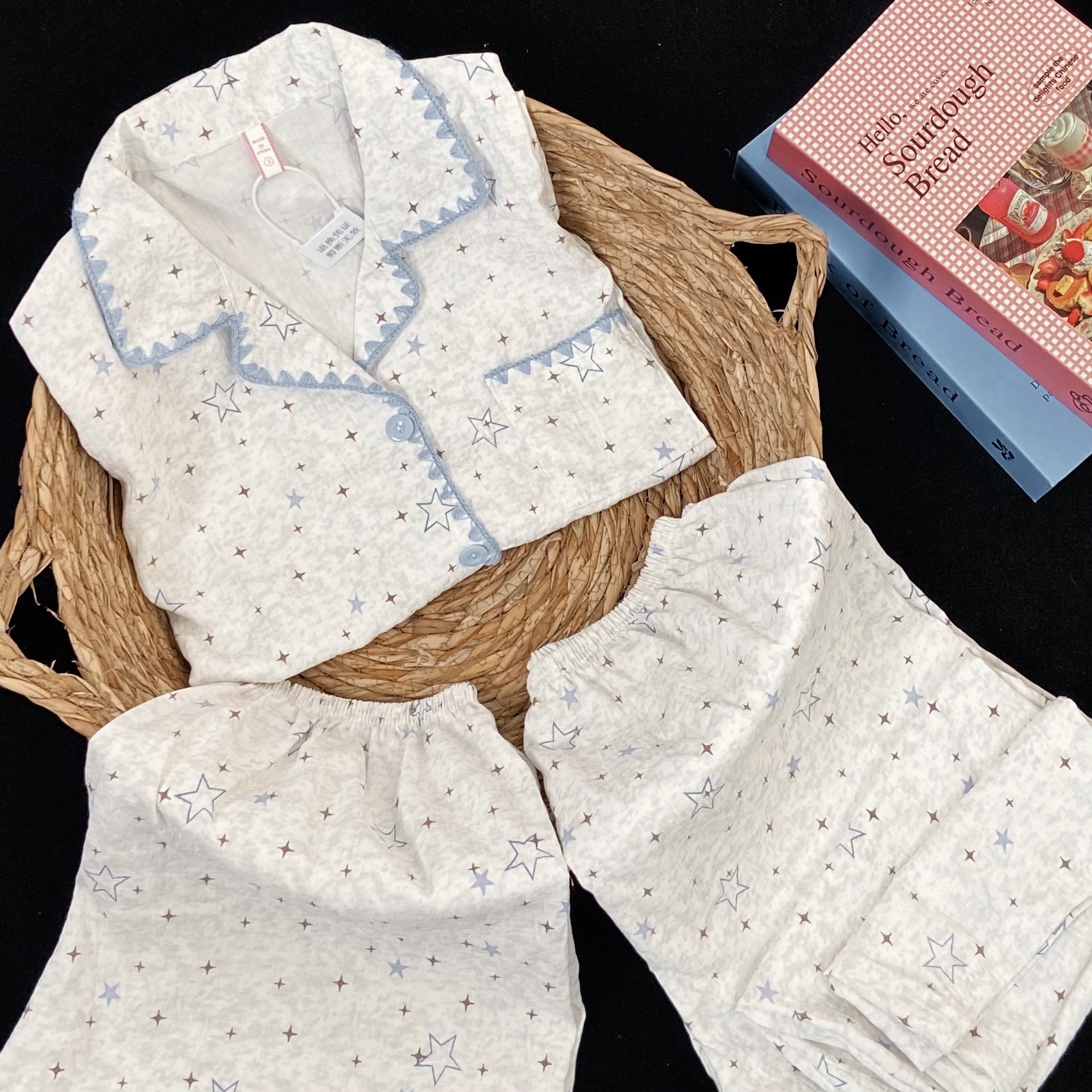 【优质云朵棉】睡衣女夏季大码短袖翻领星星印花三件家居服外穿套