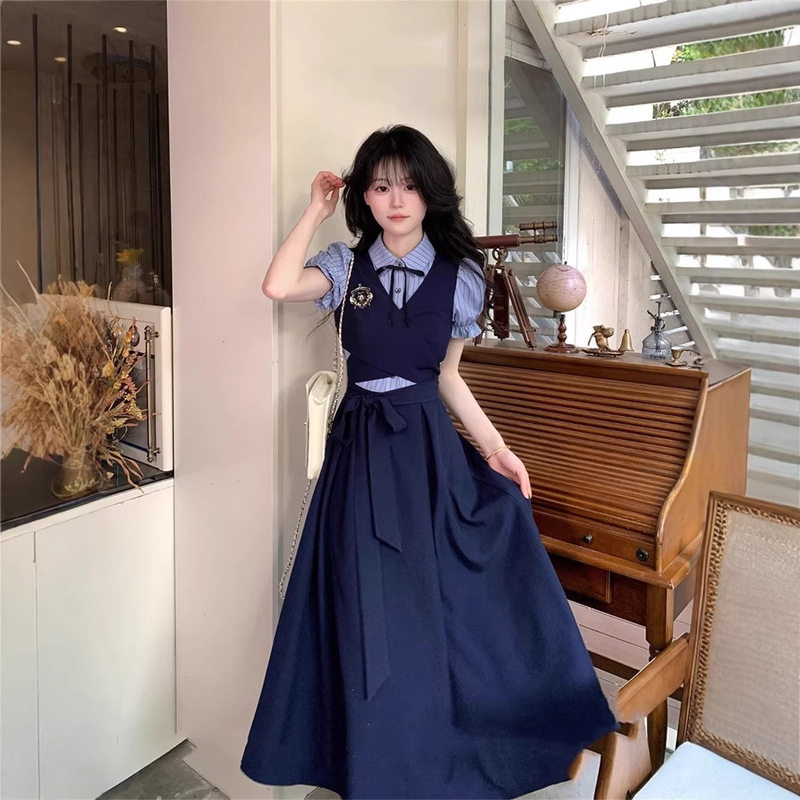 2026 Summer Korean-Style Sweet College-Style Striped Shirt with Fake Two-Piece Dress for Women, Designed with a Waist-Cinching Skirt 2026 Summer Korean-Style Sweet College-Style Striped Shirt with Fake Two-Piece Dress for Women, Designed with a Waist-Cinching Skirt