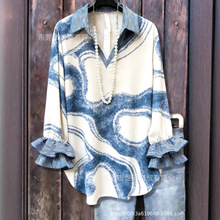 新款跨境视觉艺术女装衬衫V领荷叶边长袖 亚马逊 女印花时尚G018