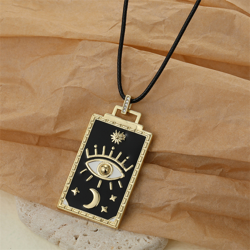 European retro tarot card black rope oil painting eye square pendant necklace