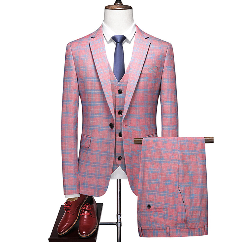 2023 main push men's one-button large-size plaid suit three-piece British slim-fit men's suit cross-border