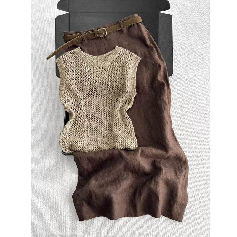 2025 Super Popular Summer Outfit Set, Elegant and Stylish Khaki Hollow Top Suit Dress for Women