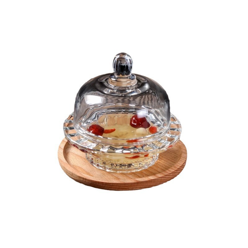 Tazón de postre de vidrio con tapa Tazón de nido de pájaro transparente Aperitivos de frutas Taza de dulces Pera de otoño Hongo blanco Taza de sopa pequeña Vajilla