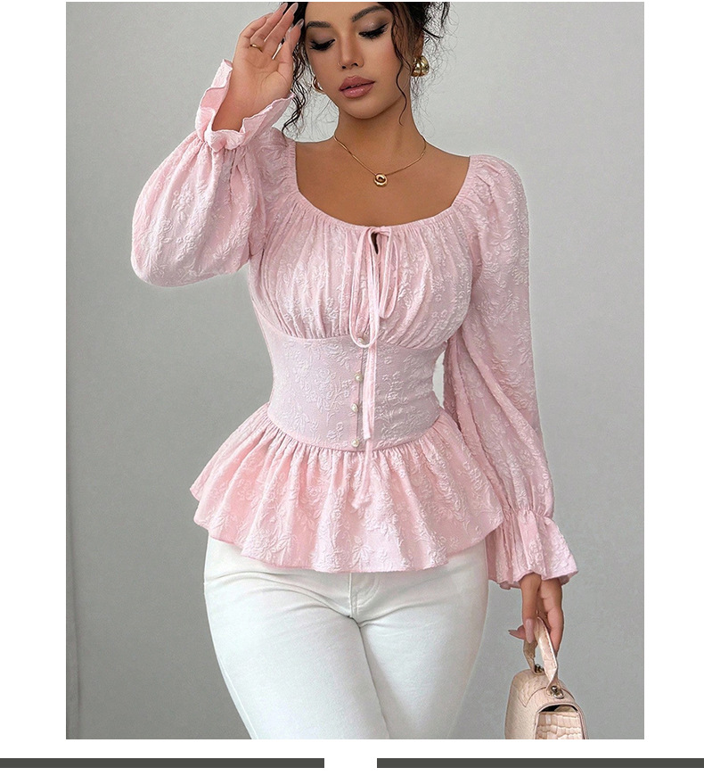 Ruihou Women's French Design U Neck Tie Waist Long Sleeve Blouse Casual Elegant Fashion Thin Top For Spring/Autumn_ecoleips.com