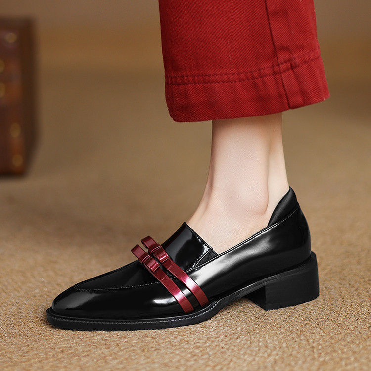 2025 Soft 4cm Thick Heel Loafers Women's Color Bow Small Leather Shoes Patent Leather British-style Hong Kong-style Commuter Shoes