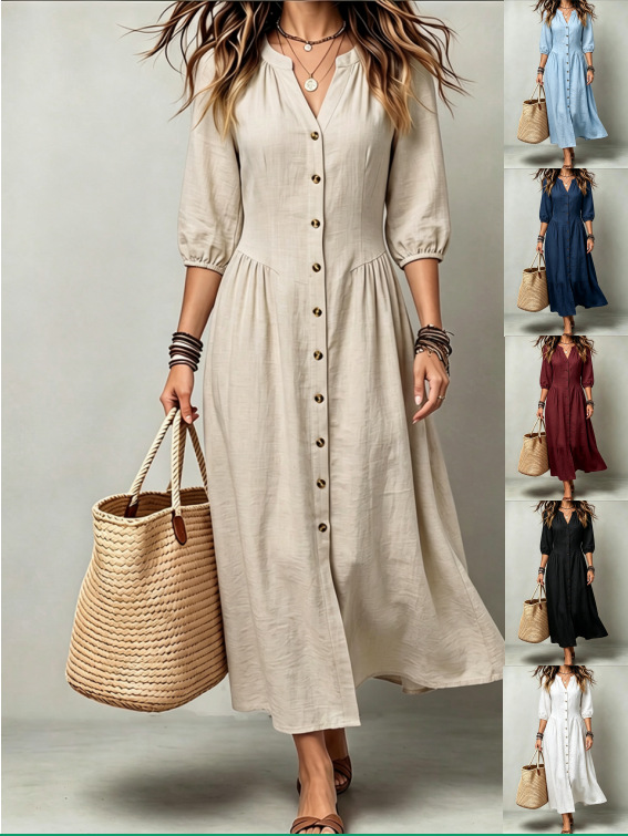 Solid Color Cotton-Linen Dress with Stand Collar, V-Neck, Single-Breasted, Three-Quarter Lantern Sleeves, Cinched Waist, and Large Hem for Casual Vacation Wear
