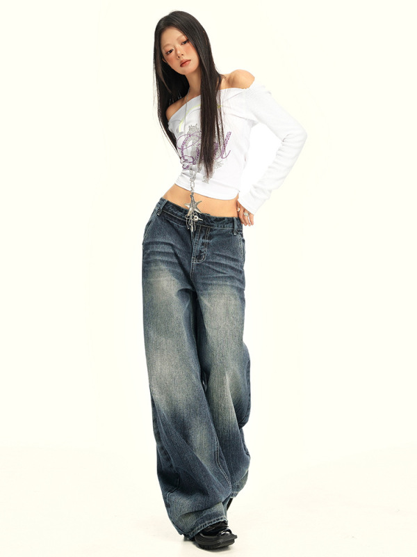 美式复古高腰阔腿牛仔裤女2025年秋季新宽松设计感垂感拖地直筒裤|undefined