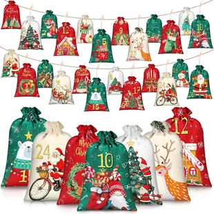 Cross-Border 2025 New Christmas Linen Bag Drawstring Pocket Advent Calendar Hanging Bag Christmas Gift Bag Set