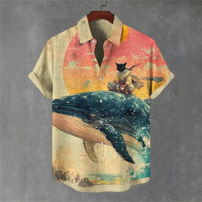 Men's Black Short-Sleeve Shirt with 3D Cat Print and Crane Pattern, Fashionable Turn-Down Collar Top in Vintage Artistic Style