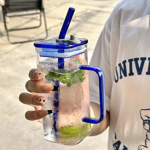Square glass cup, high-end aesthetic water cup for women, household with handle straw cup, transparent beer, beverage, milk tea, new style cup