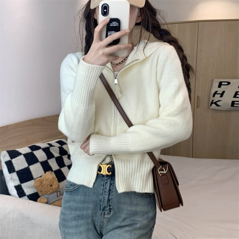 短款连帽双拉链针织衫女潮秋冬新款收腰显瘦洋气小个子毛衣女外套|undefined