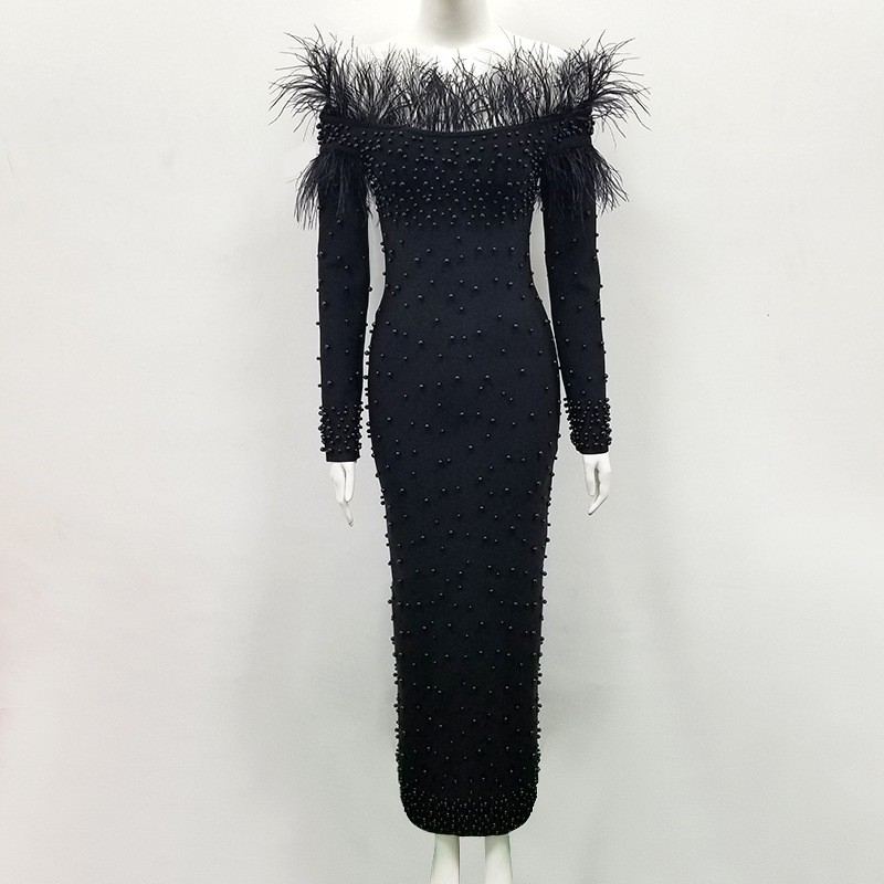 Vêtements pour femmes robe bandage pour femmes une épaule plumes perles mode jupe longue mince_voghion.com
