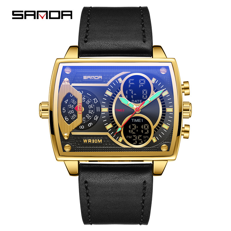 Sanda sanda6032 Harajuku estilo reloj electrónico doble pantalla multifuncional cinturón hombres moda cuadrado reloj personalizado