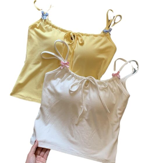 1064 Bow Design Sense Sweet Spice Girl with Chest Pad Camisole Women's Women's One-piece Summer Outer Wear Beautiful Back in