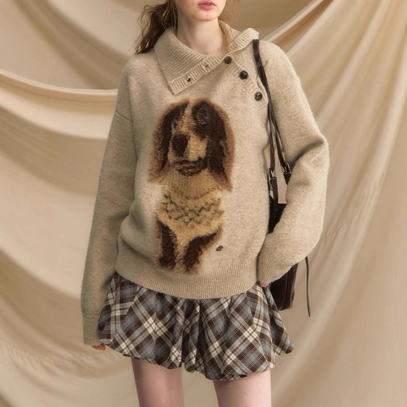 Ingea Good Morning Little Sausage Pullover Thick Sweater for Women, Autumn Retro Loose Lazy Style Knitted Outerwear Ingea Good Morning Little Sausage Pullover Thick Sweater for Women, Autumn Retro Loose Lazy Style Knitted Outerwear