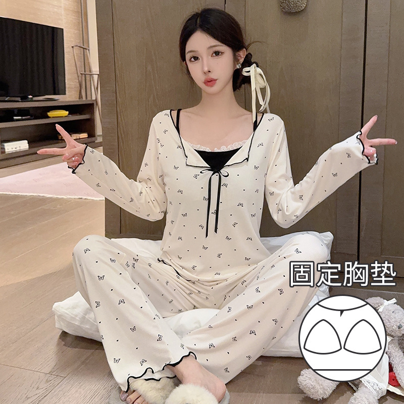 Spring and Summer Women's Pure Lust Style Rayon Modal Fake Two-Piece with Chest Pad Can Be Worn Outside Home Clothes Long-Sleeved Pants Pajamas Spring and Summer Women's Pure Lust Style Rayon Modal Fake Two-Piece with Chest Pad Can Be Worn Outside Home Clothes Long-Sleeved Pants Pajamas