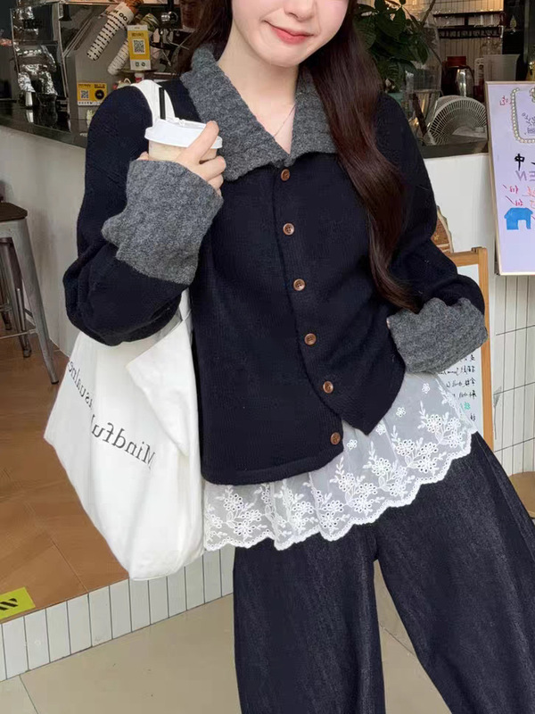 2025秋季韩版宽松慵懒松弛感女式毛衣新款条纹Polo领针织开衫外套|undefined