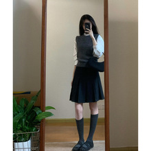 学院风套装中袖白色衬衫女装叠穿马甲秋季高腰半身裙miu系三件套