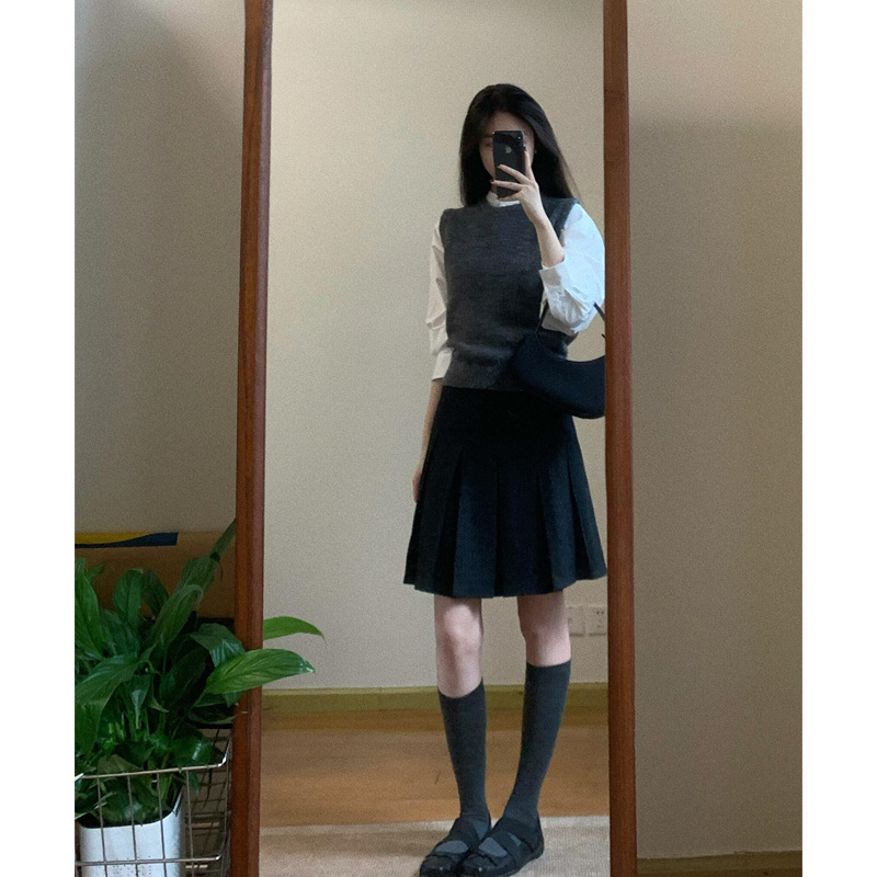 College Style Suit Mid-Sleeve White Shirt Women's Layered Vest Autum High-Waisted Skirt Miu Three-Piece Set