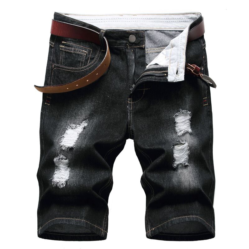 Men's Foreign Trade Denim Shorts Summer Cotton Hole Light Color Men's Pants Slim-fit Amazon European and American Shorts