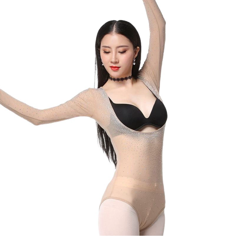 Odinale Топ для танца живота с алмазной сеткой с длинным рукавом и танцевальной основой для взрослых Цельная сетка-кронштейн