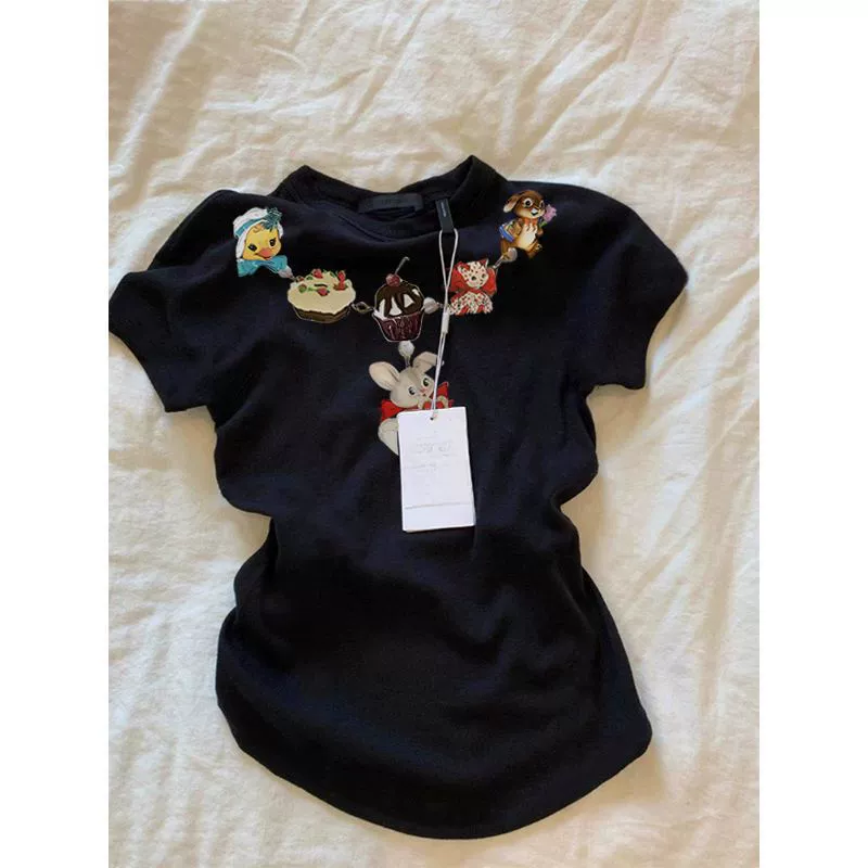 Футболка с коротким рукавом с принтом американского ретро-дизайна, кролик, летняя новинка 2025 года, модный топ с правым плечом