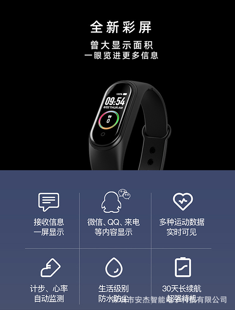 Bluetooth sports step count information reminder alarm clock heart rate sleep health monitoring gift M4 smart bracelet Specification drawing