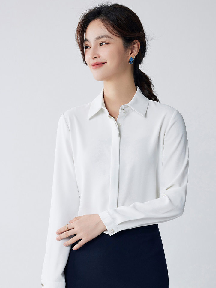 Áo sơ mi voan dài tay nữ cổ vuông, thiết kế chống lộ, phom rủ mềm mại — Trắng-dài tay-nữ