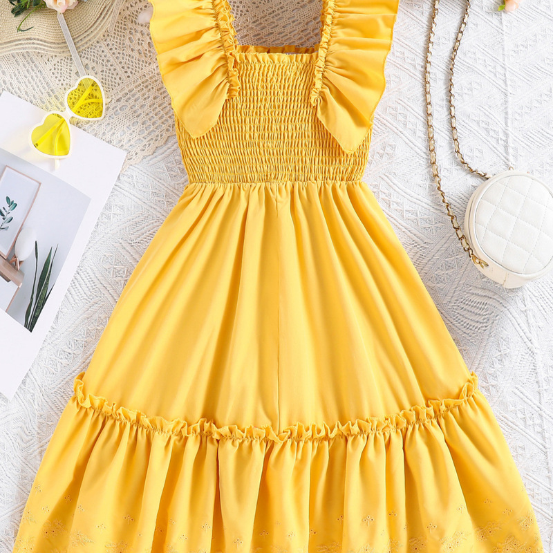 2025 Girls' Summer Casual Butterfly Sleeve Square Neck Gathered Mid-Length Dress Cross-Border Hot Sale 2025 Girls' Summer Casual Butterfly Sleeve Square Neck Gathered Mid-Length Dress Cross-Border Hot Sale