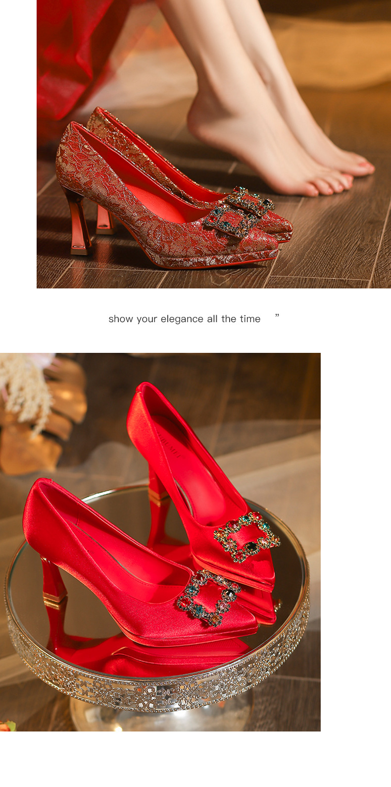 Giày cưới cao cấp mũi nhọn gót cao đế xuồng chống thấm kiểu stiletto — satin đỏ chi tiết 7
