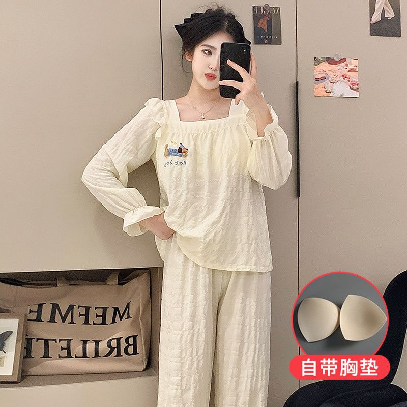 Al por mayor transfronterizo albaricoque cachorro primavera y otoño nubes de algodón fijo cojín de pecho chaqueta de manga larga pantalones de cuello cuadrado pijamas para mujeres hogar