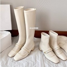 苏茵茵同款牛皮长筒靴女秋冬气质方头粗跟铆钉骑士靴时尚白色长靴