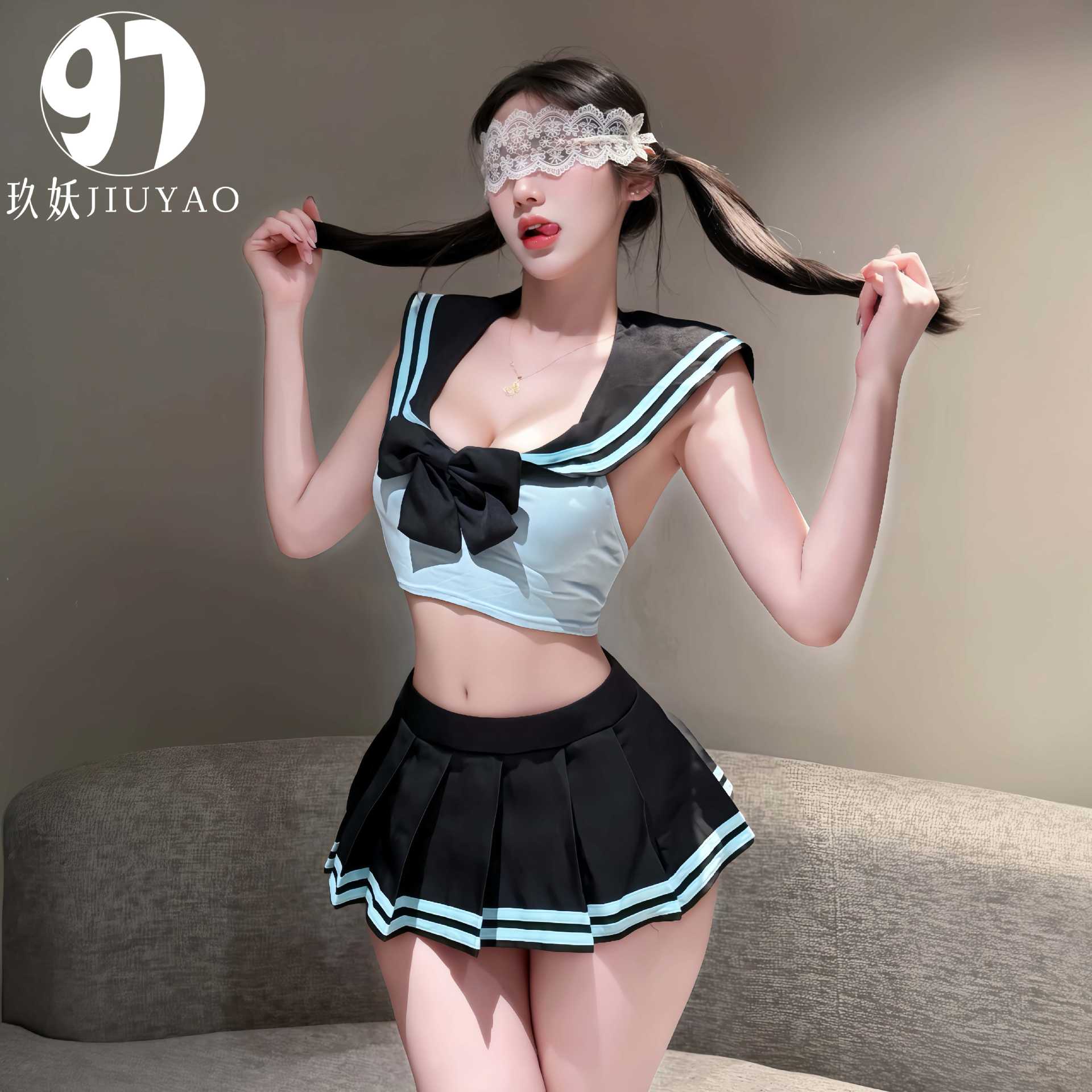 Anime-style sexy lingerie set with a bow, sailor uniform, private role-playing schoolgirl outfit, pure and alluring.