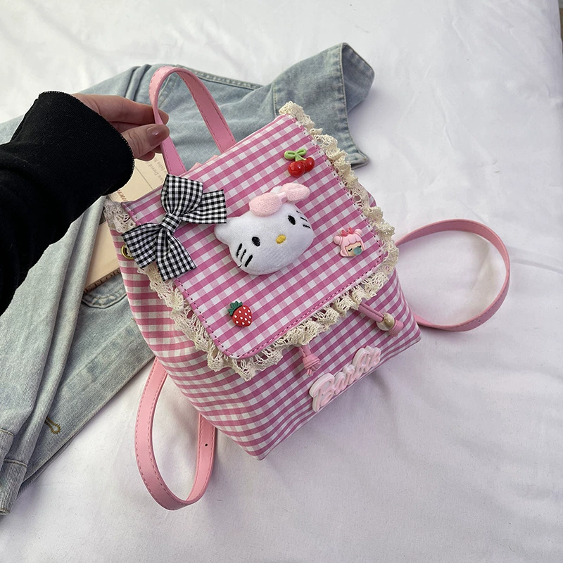 Мини‑рюкзак (Hello Kitty) в клетку с кружевом, 17×9×21 см, лёгкий 0,27 кг