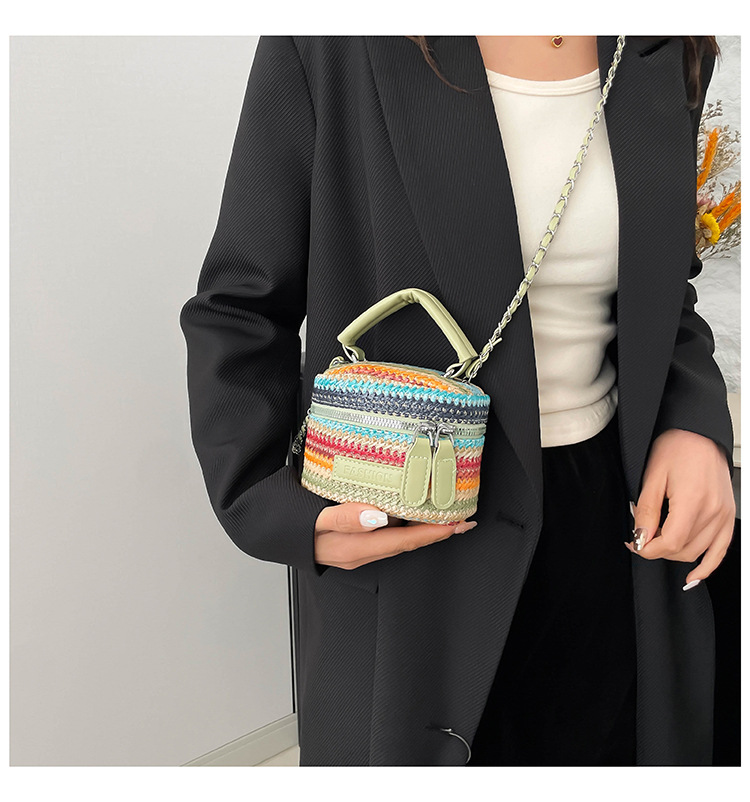 165g Weight Polyester Lining Material Weave Fashion Element Zipper Closure Type Top Handle, Chain Strap Type Crossbody Bag Bags Type Casual, Daily, Shopping Occasion Straw Material Multicolor Pattern Spring&Summer Season Women's Gender Vintage Style Style Cylindrical Shape Women's Straw Multicolor Vintage Style Weave Cylindrical Zipper Crossbody Bag 3