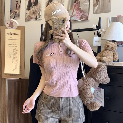 2025 Spring New Design Short-Sleeve Knitted Embroidered Sausage Dog Cable Knit T-Shirt for Women
